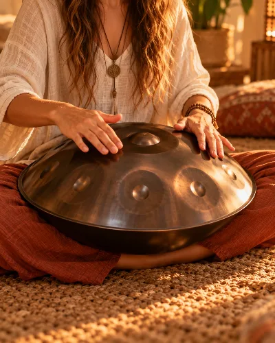 Handpan en acier posé sur les genoux, mains à plat