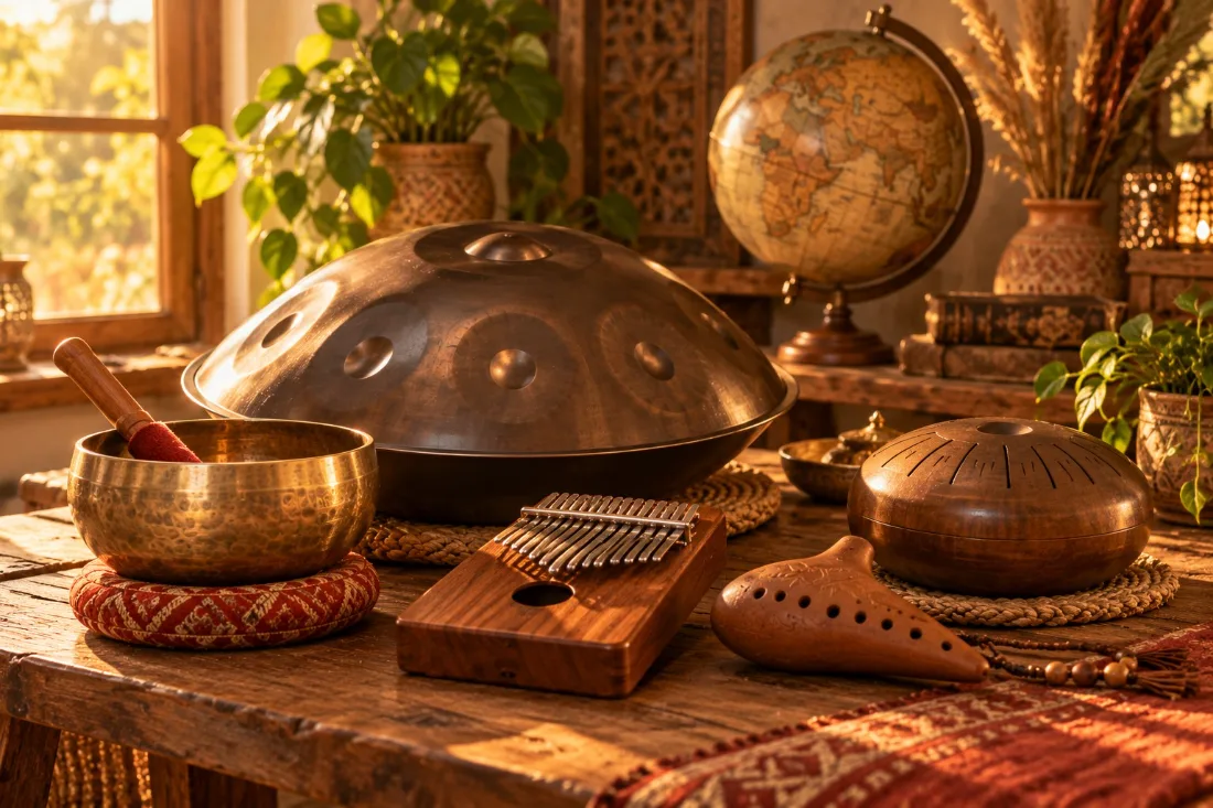 Bol tibétain, handpan, kalimba, ocarina et tongue drum sur une table en bois devant un globe ancien
