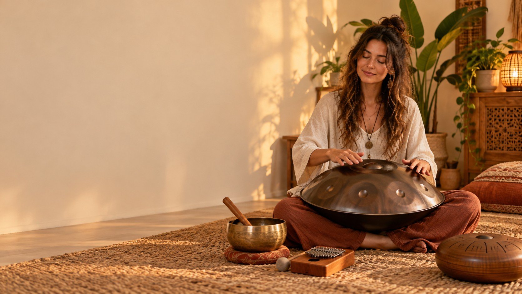 Femme qui joue du handpan entourée d'un bol tibétain chantant, d'une kalimba et d'un tongue drum