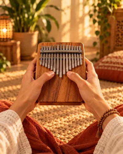 Deux mains qui jouent d'une kalimba en bois