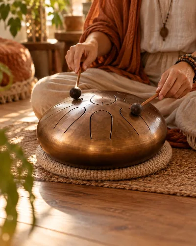 Tongue drum en acier joué avec des mailloches